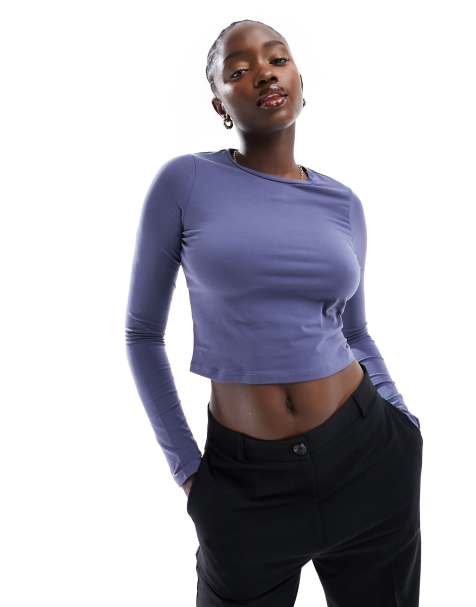 Women's Long Sleeve Gym Crop Top - Midnight Blue