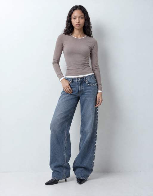 New Look baby tee met dubbele laag en bies, lange mouwen, in minkbruin, 5 van 8