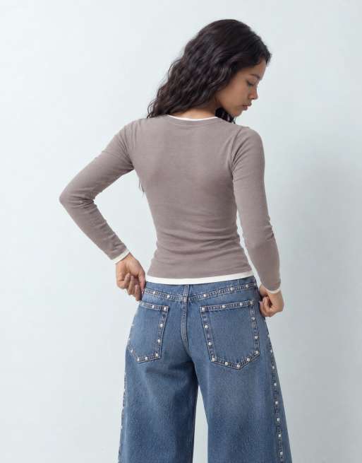 New Look baby tee met dubbele laag en bies, lange mouwen, in minkbruin, 6 van 8