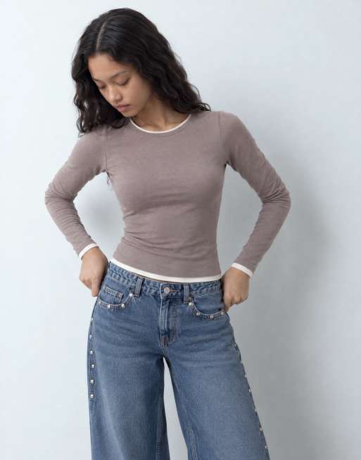 New Look baby tee met dubbele laag en bies, lange mouwen, in minkbruin, 7 van 8