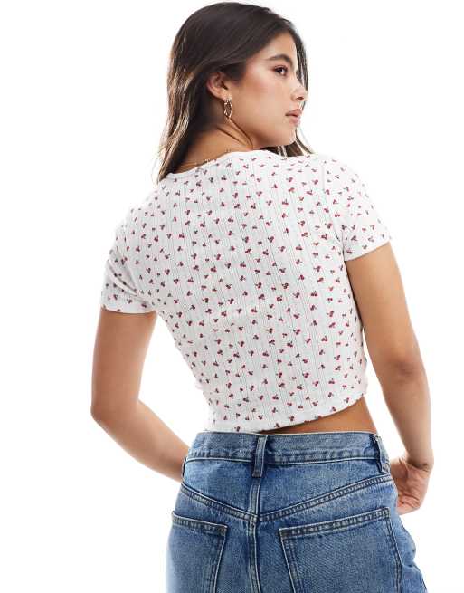 New Look - Baby tee met pointelle en bloemen in wit