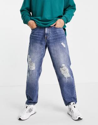New Look baggy 90s fit jeans with rips in blue wash  - ASOS Price Checker