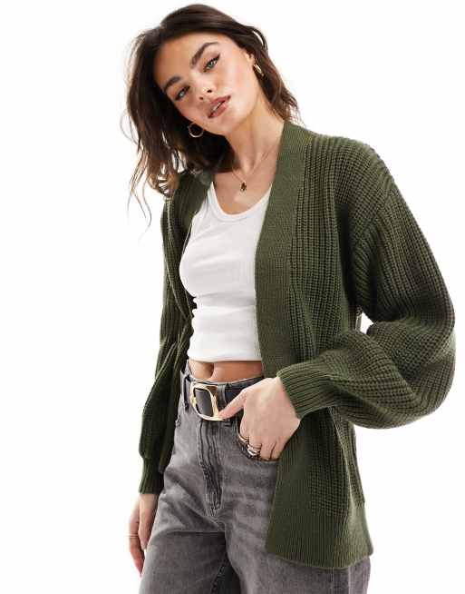 New Look balloon sleeve cardigan in khaki