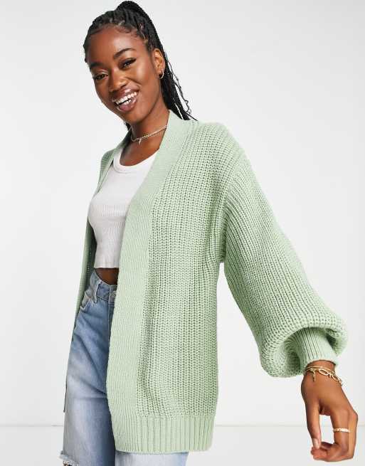 New Look balloon sleeve knitted cardigan in light green ASOS