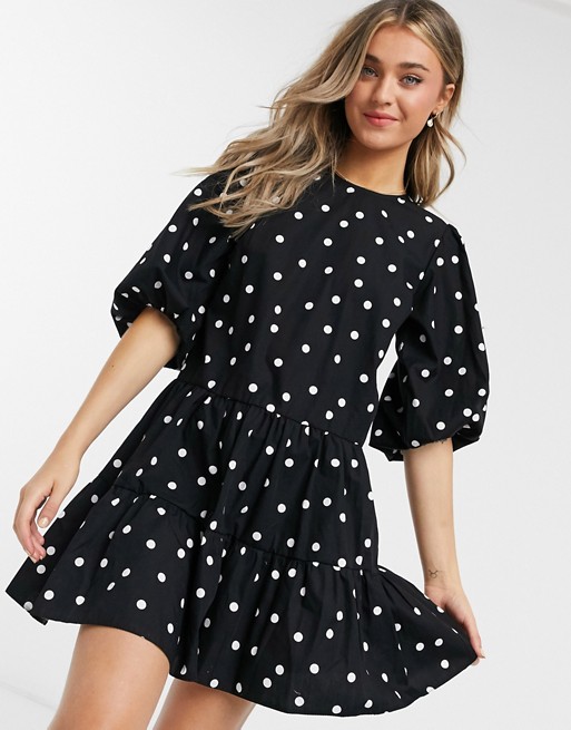 New Look balloon sleeve tiered mini dress in black polka dot