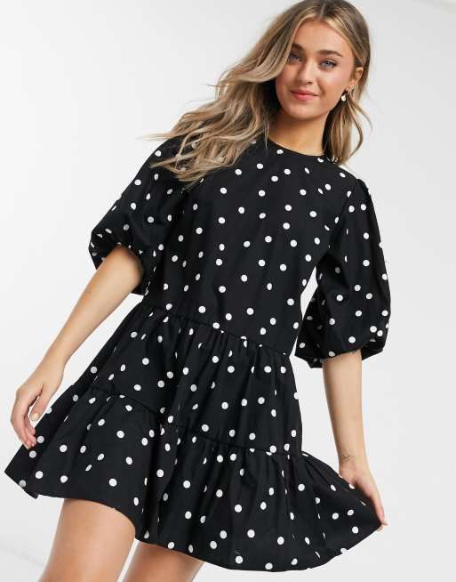 New Look balloon sleeve tiered mini dress in black polka dot | ASOS