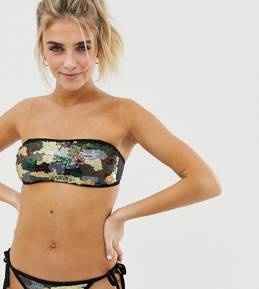 New Look - Bandeau-bikinitop met lovertjes en camouflagepatroon-Wit