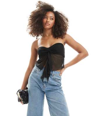 New Look bandeau mesh tie front top in black