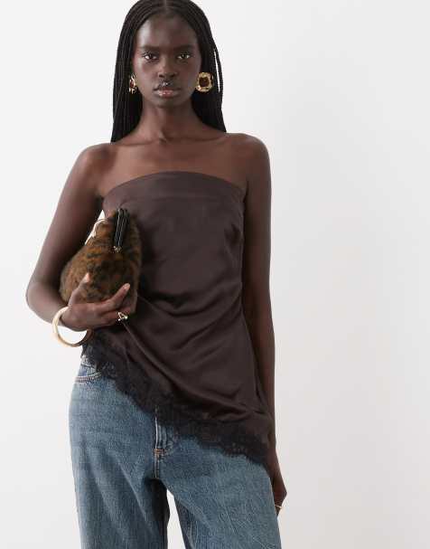New Look bandeau-top i satin med blondekant og asymmetrisk snit i mørkebrun - view 1