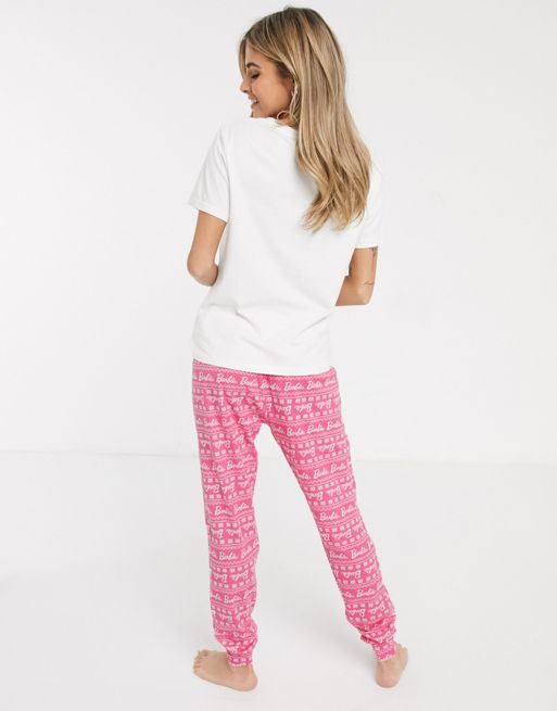 Loungeable Blue Trouser Pyjama Set with Barbie Print