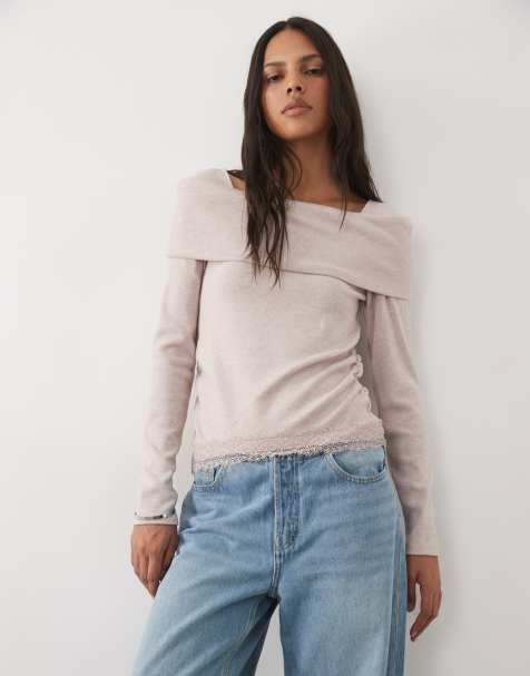 New Look bardot lace hem ruched jumper in mink - view 1