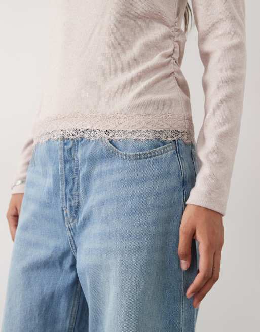New Look bardot lace hem ruched jumper in mink, 3 of 4