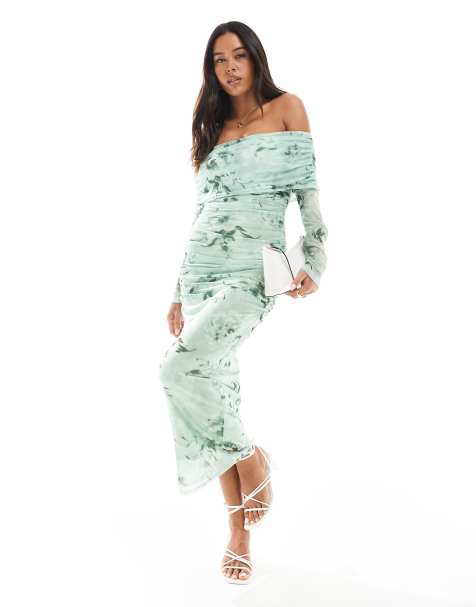 New Look bardot long sleeve mesh midi dress in green pattern