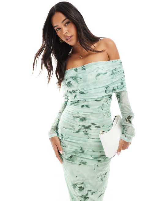 New Look bardot long sleeve mesh midi dress in green pattern | ASOS