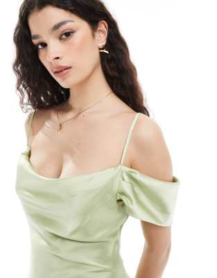 New Look - Robe longueur mollet en satin à encolure bardot - Vert sauge