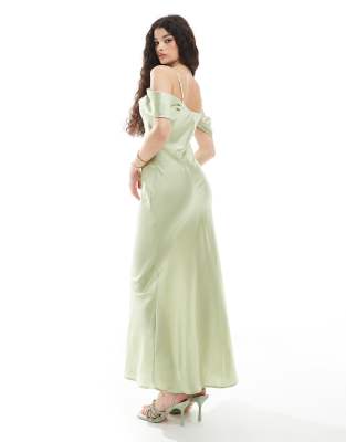 New Look bardot satin midaxi dress in sage green | ASOS