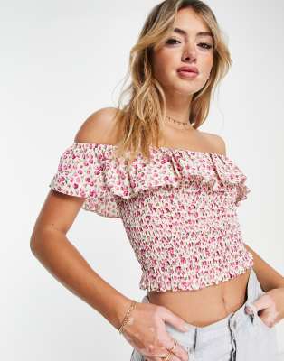 New Look bardot shirred off shoulder top in floral pattern