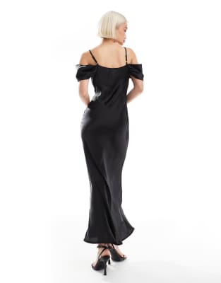 New Look bardot sleeve satin midaxi dress in black