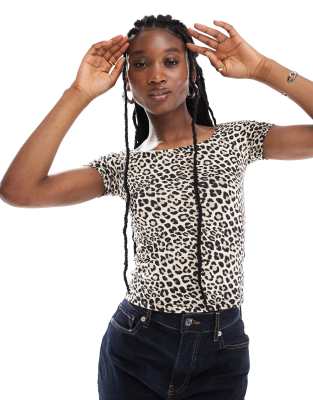 New Look bardot top in leopard print-Black