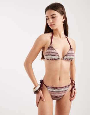 Bas de bikini au crochet à rayures avec liens sur les côtés - Rose 36