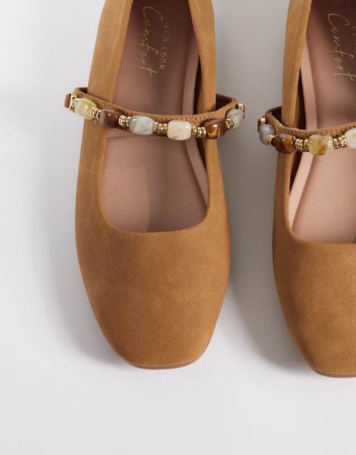 New Look bead detail strap faux suede Mary Jane in tan, 3 of 4