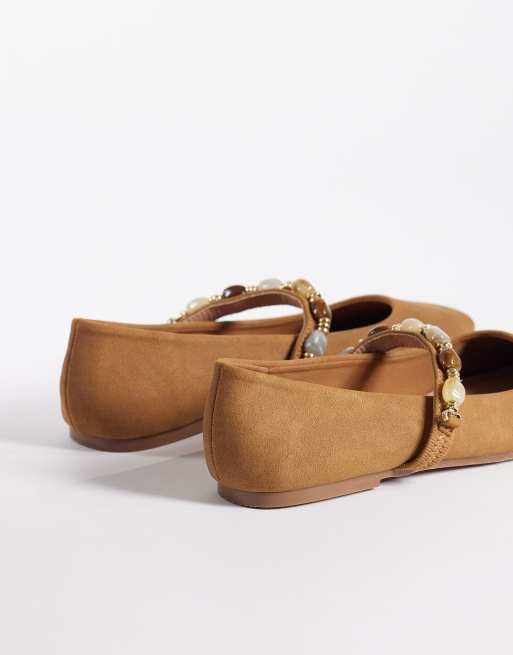 New Look bead detail strap faux suede Mary Jane in tan, 4 of 4