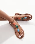 [New Look] New Look bead detail t-bar sandals in tan-Brown 37 TAN