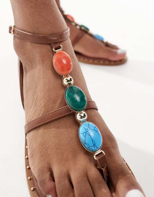 New Look bead detail t-bar sandals in tan ASOS