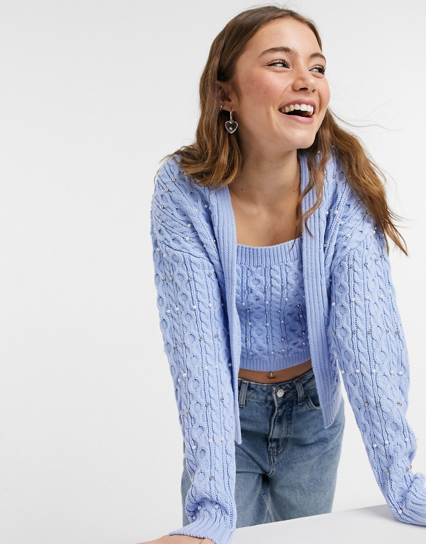 New Look beaded coordinating cardigan in light blue-Blues
