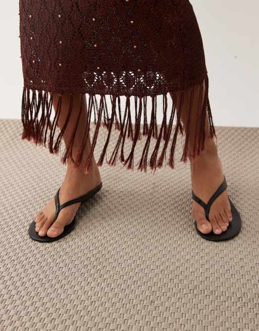 New Look beaded crochet tassel beach maxi dress in dark brown, 3 of 4