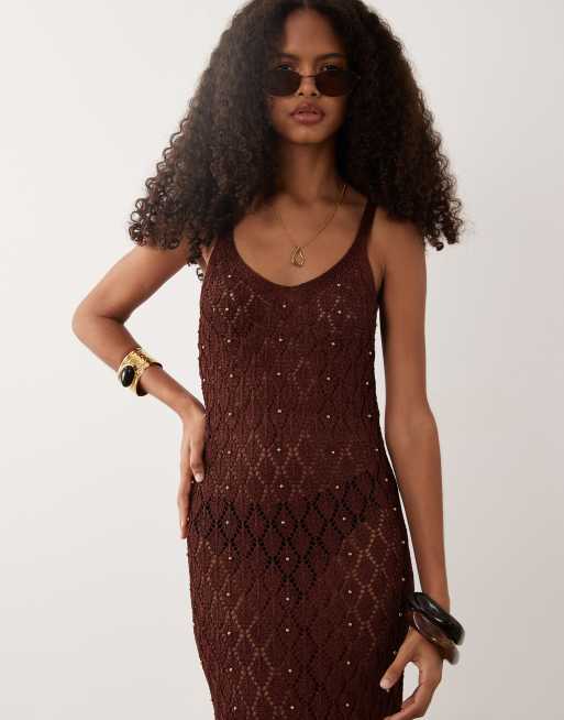 New Look beaded crochet tassel beach maxi dress in dark brown, 4 of 4