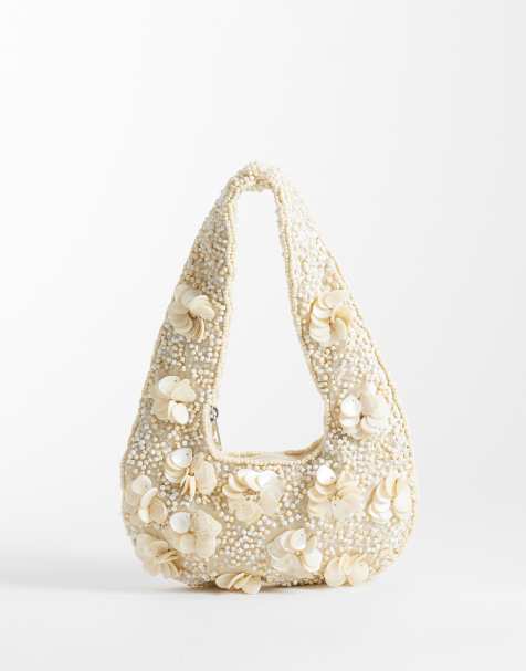 New Look beaded flower shell grab bag in cream - view 1