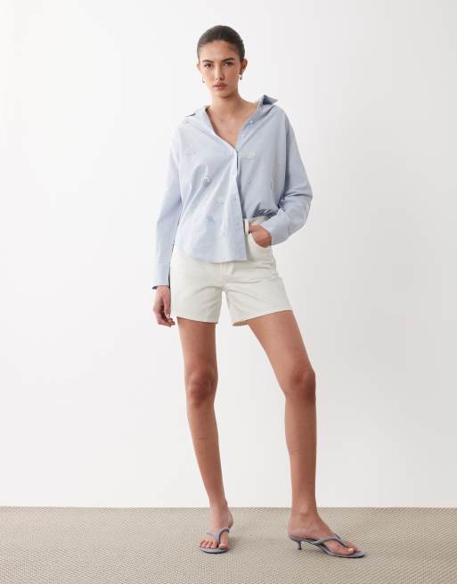 New Look beaded long sleeve shirt in mid blue, 4 of 4