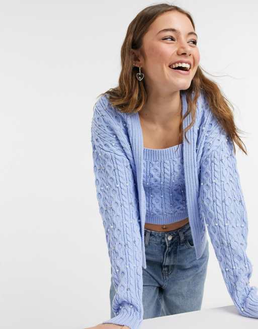 New Look beaded twinset cardigan in light blue ASOS
