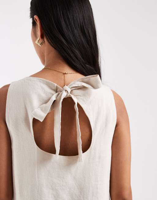 New Look - Beige minikjole i hørblanding med bindebånd på ryggen, 2 af 4
