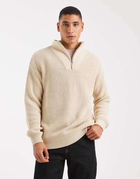 New Look – Beige, stickad fiskartröja med 1/4-lång dragkedja - view 1