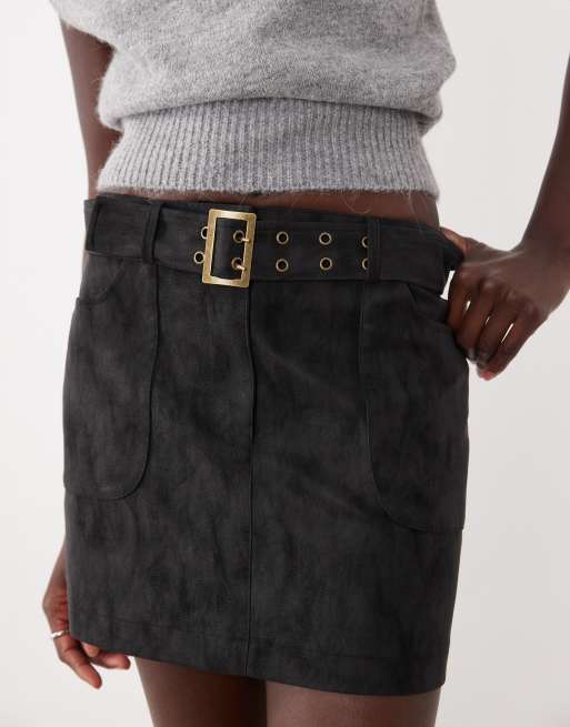 New Look belted A-line faux suede mini skirt in black, 5 of 5