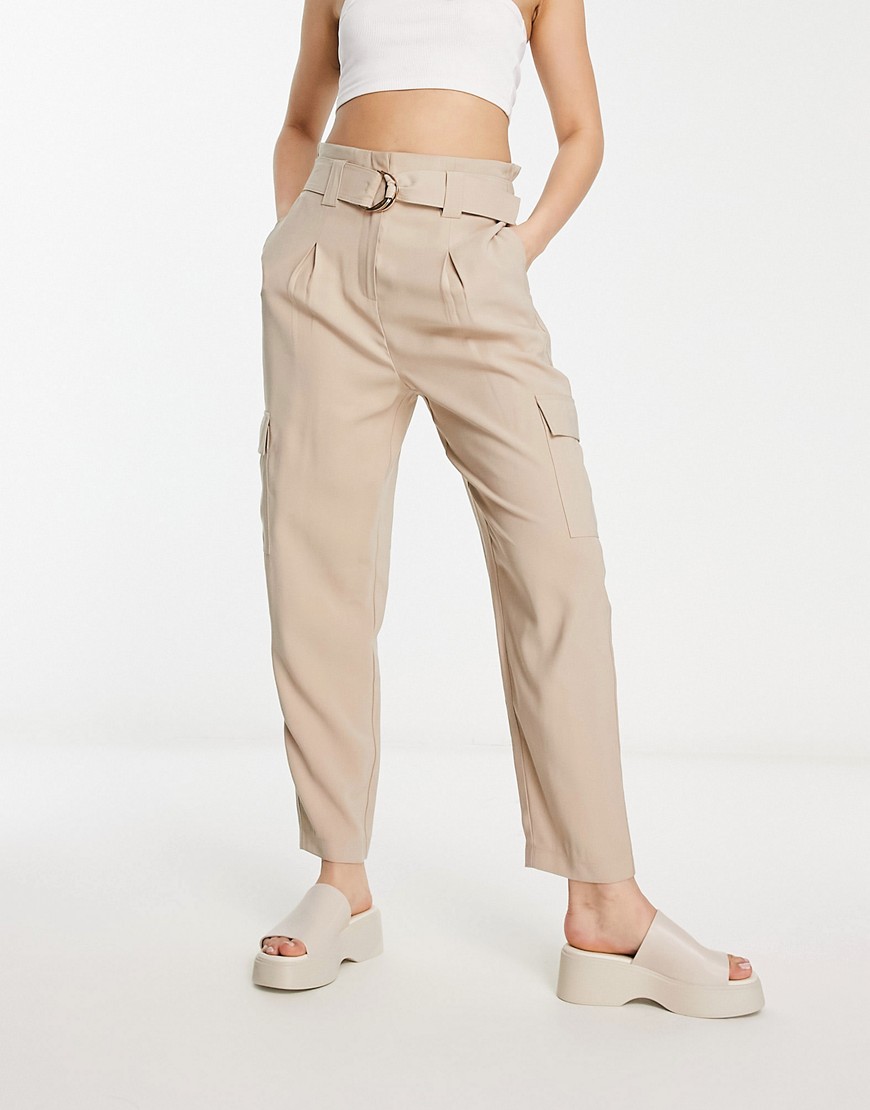 New Look belted cargo trousers in stone-Neutral