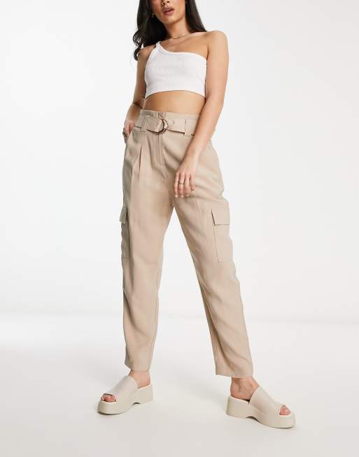 New Look belted highwaist tapered pants in stone