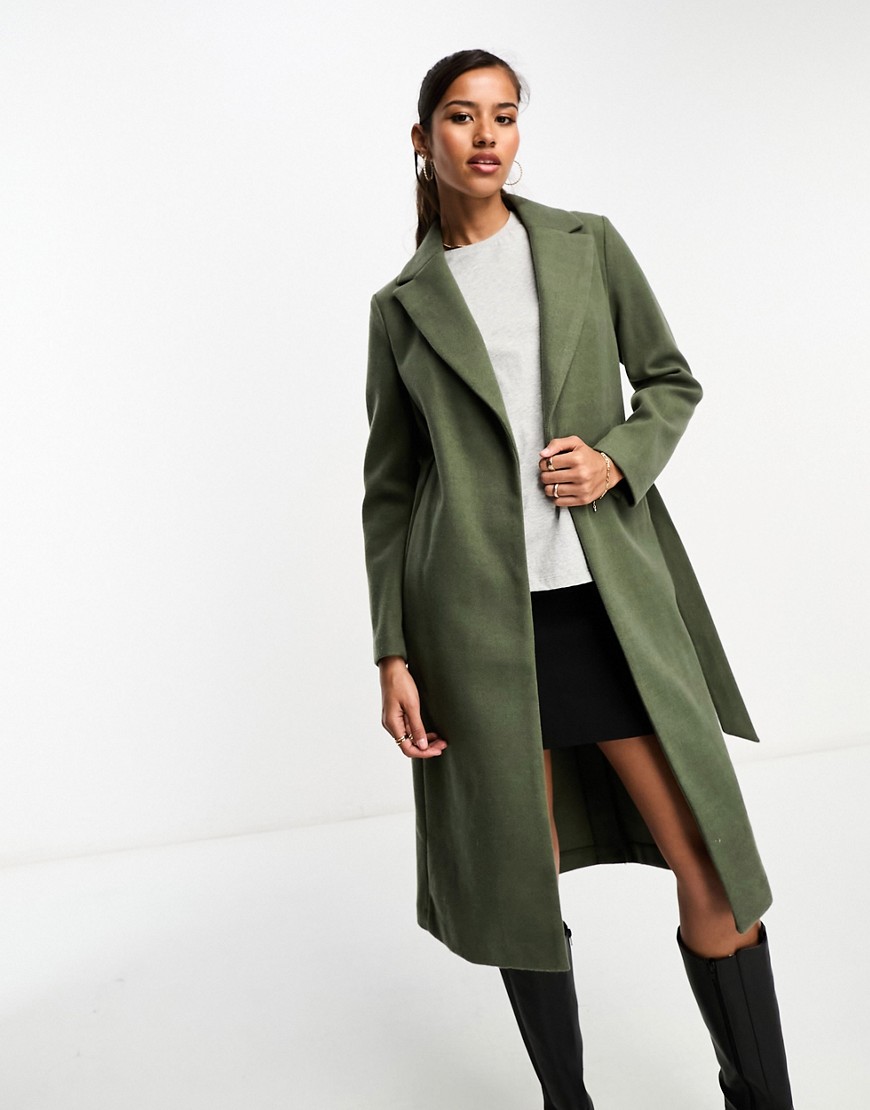 New Look belted coat in khaki-Green