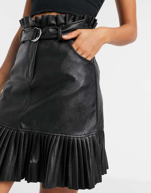 New Look belted faux leather pleated mini skirt in black ASOS