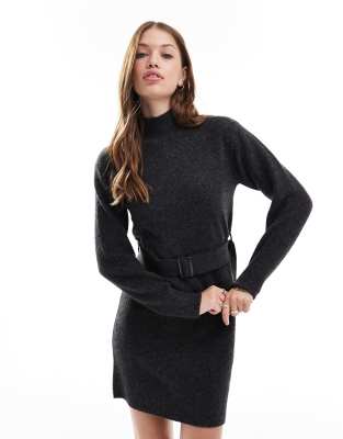 New Look New Look belted knitted mini dress in grey