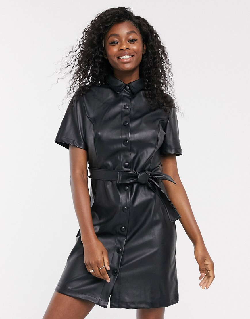 New Look belted leather mini look PU dress in black