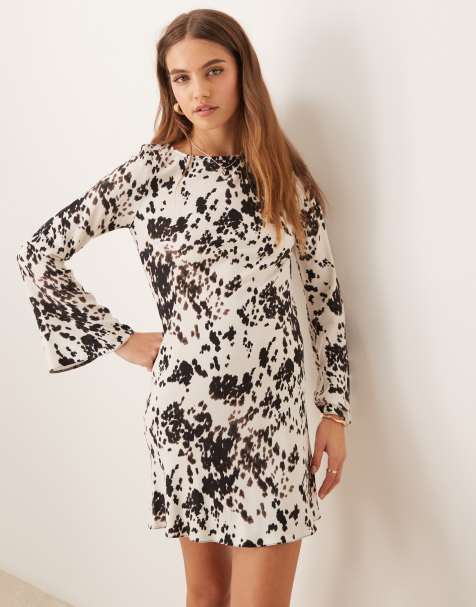 New Look belted long sleeve mini dress in cow print - view 1