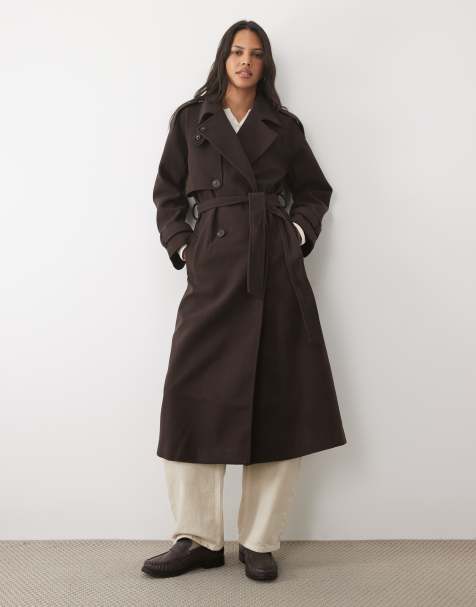 New Look belted longline coat with funnel neck in dark brown - view 1