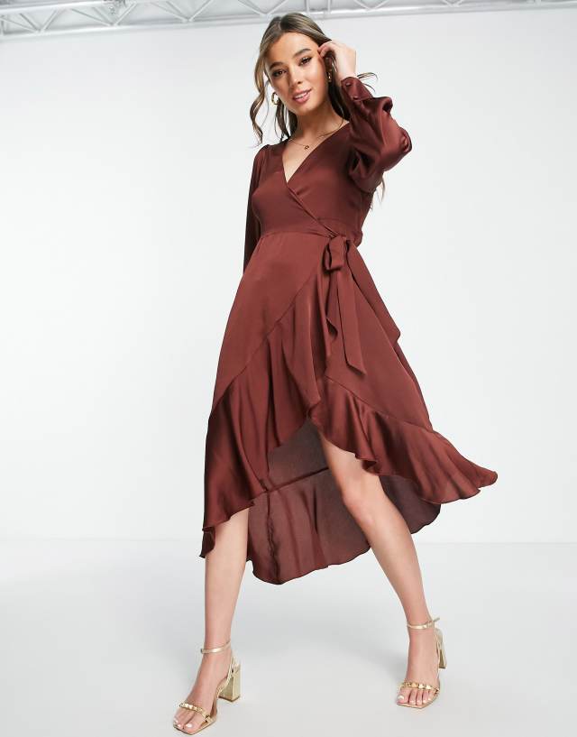 New Look belted satin wrap dress in chocolate