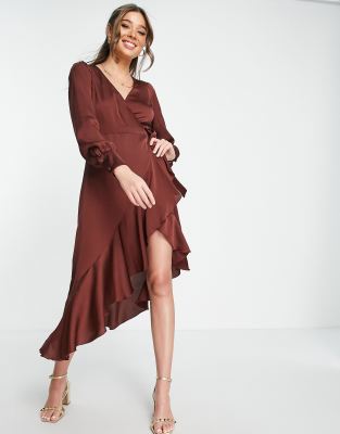 New Look belted satin wrap dress in chocolate | ASOS