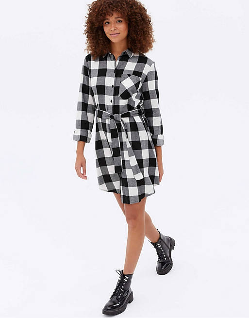 Dresses New Look belted shirt dress in black & white gingham 
