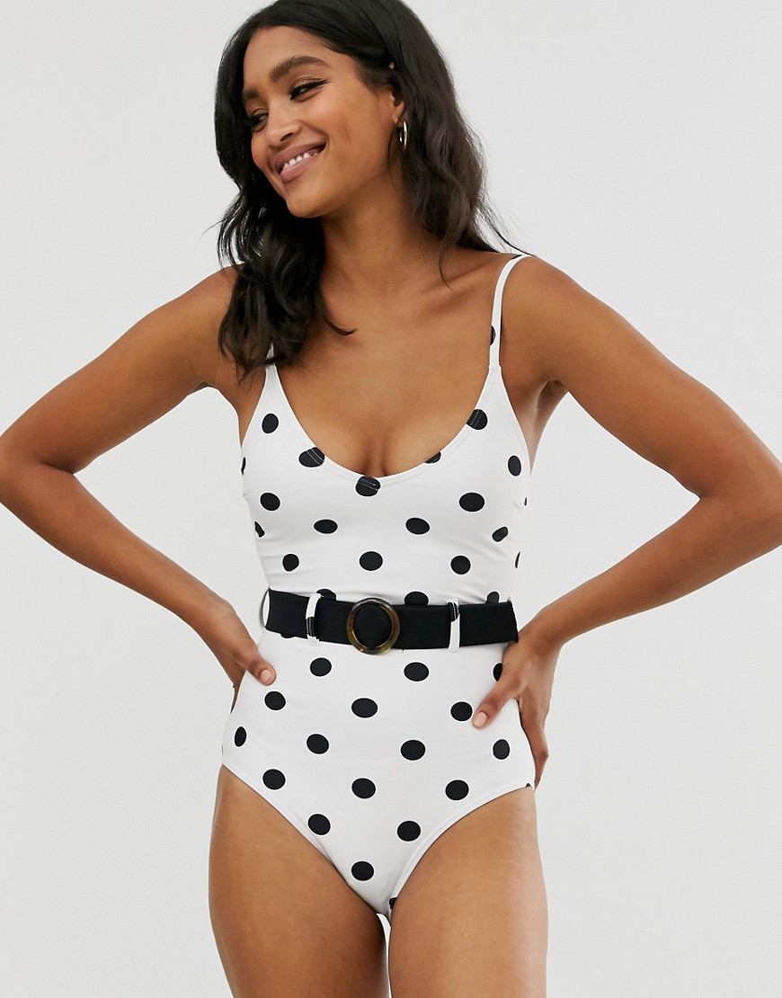 New Look belted swimsuit in polka dot-White