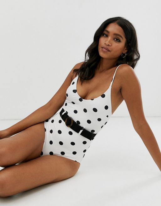 ASOS DESIGN cupped underwired swimsuit in khaki polka dot
